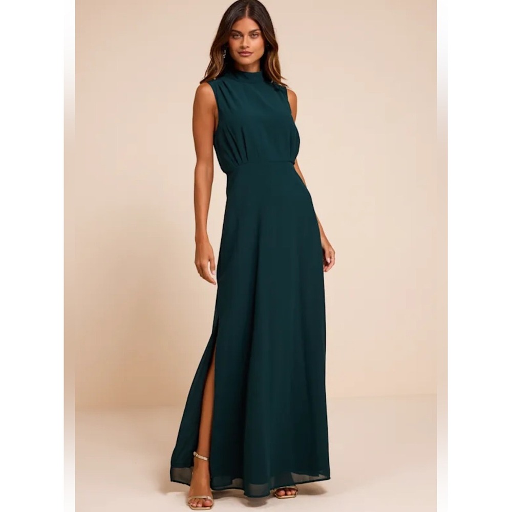 NWT Lulus Classic Elegance Emerald Chiffon Sleeveless Mock Neck Maxi Dress XS
